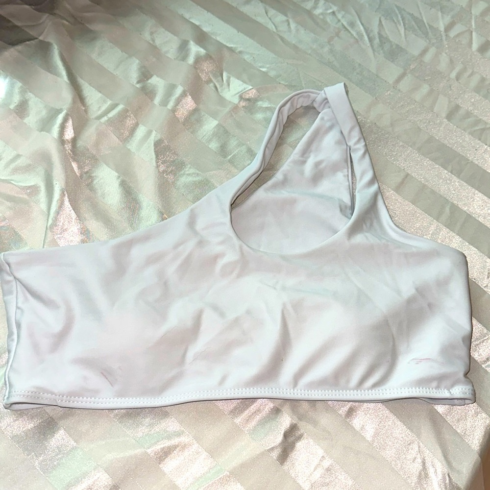White one shoulder bikini top.